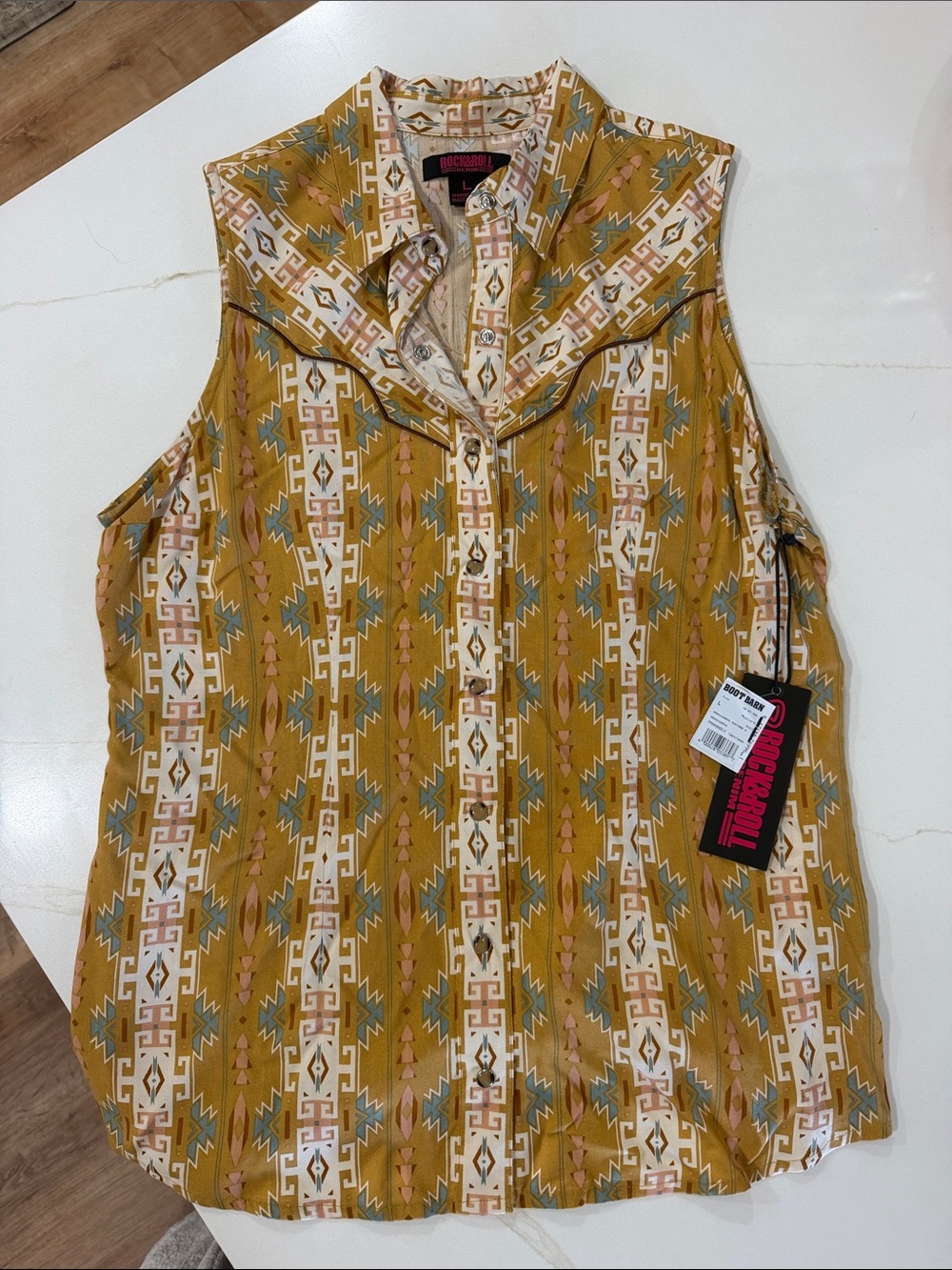 Women's Mustard Geometric Sleeveless Button Front Top